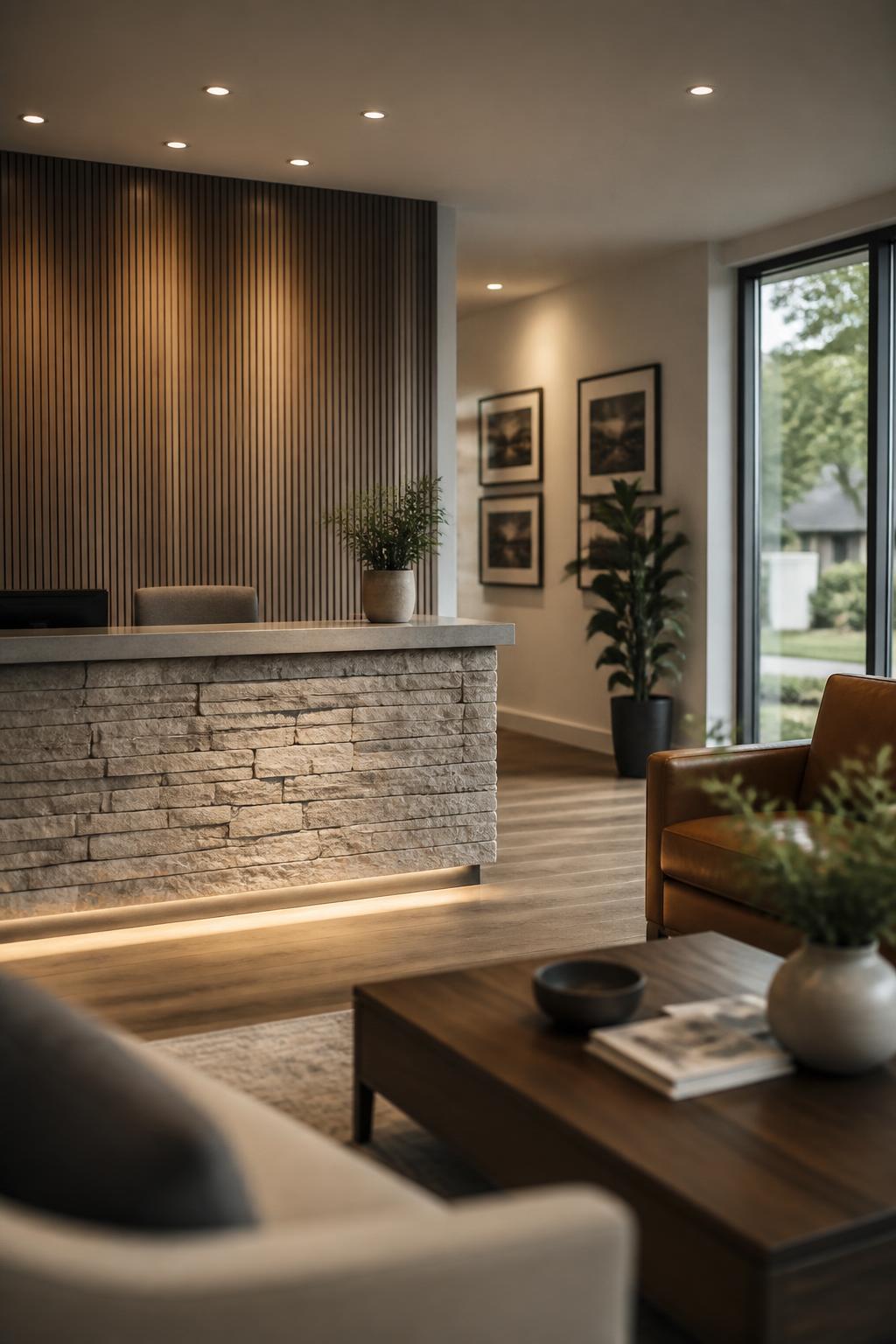 Warm, professional roofing office reception with natural light.